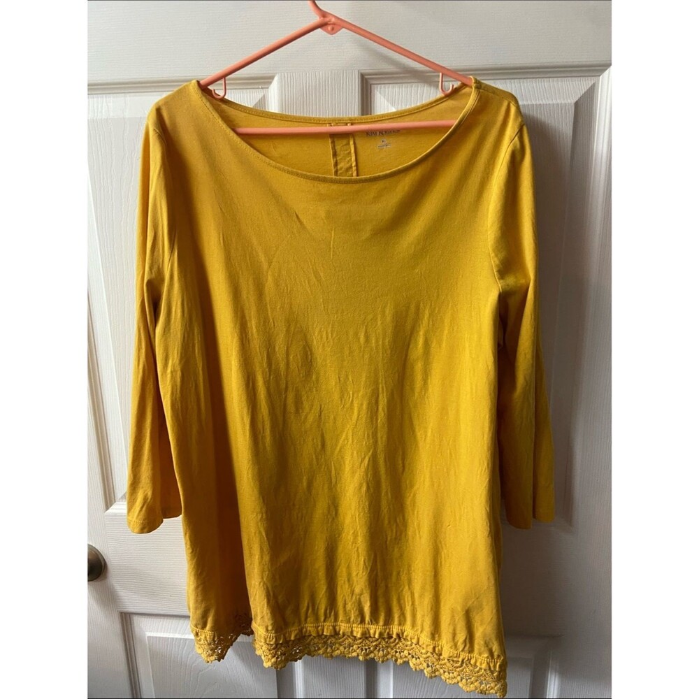 Kim Rogers Mustard Scoop Neck Long Sleeve Top with Crochet Hem Xl